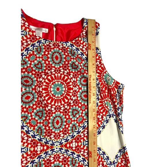 London Times Sleeveless Shift Dress Size 14 Kaleidoscope Design Print Red Blue - Picture 9 of 10